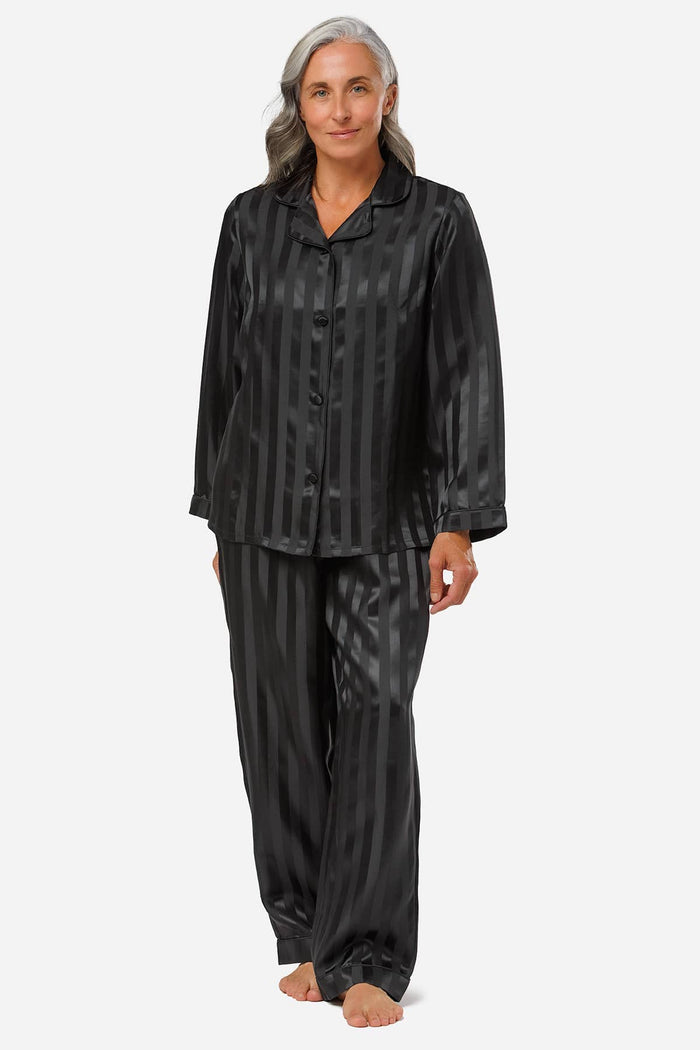 Women's 100% Mulberry Silk Patterned Full Length Pajama Set with Gift Box - NEW FIT Womens>Sleep and Lounge>Pajamas Fishers Finery Regular Striped Black S