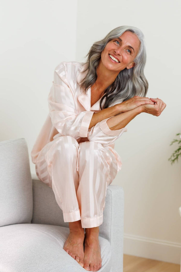 Women's 100% Mulberry Silk Patterned Full Length Pajama Set with Gift Box - NEW FIT Womens>Sleep and Lounge>Pajamas Fishers Finery Regular Striped Pink S