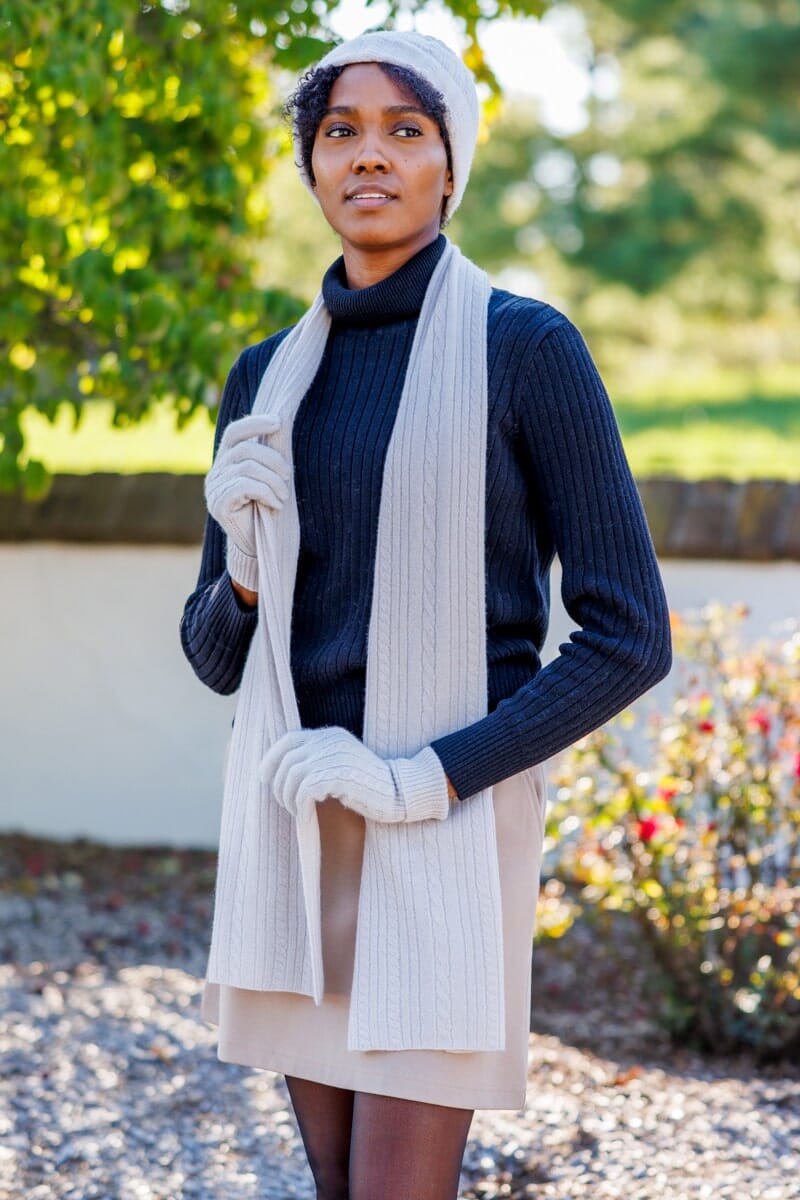 Women's 3pc 100% Pure Cashmere Cable Knit Hat Glove Scarf Set with Gift Box Womens>Accessories>Cashmere Set Fishers Finery Stone One Size