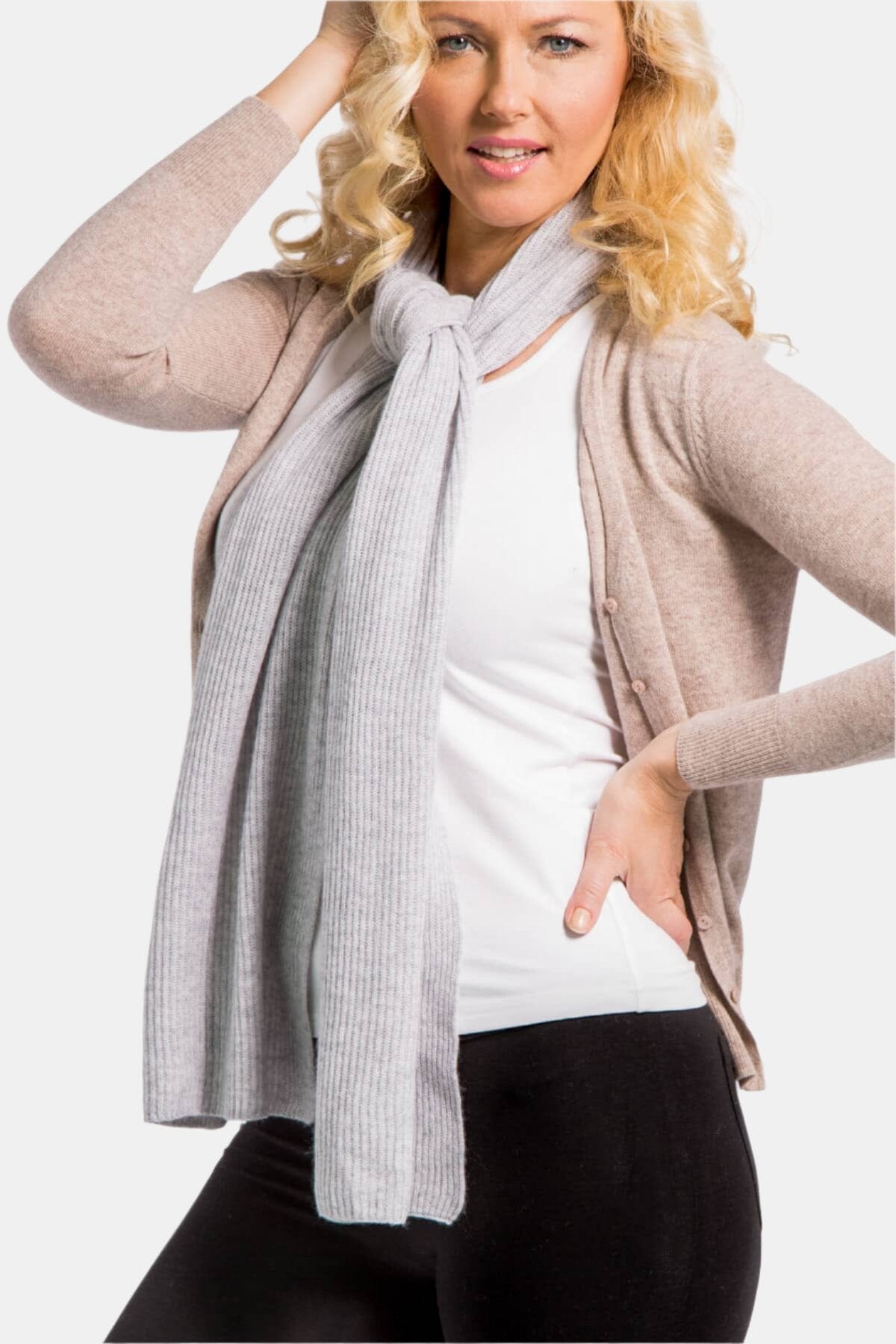 Women's 100% Pure Cashmere Ribbed Knit Scarf with Gift Box Womens>Accessories>Scarf Fishers Finery Light Gray
