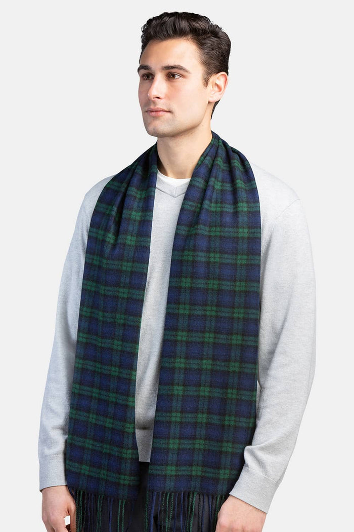 Men's Classic 100% Pure Cashmere Scarf Mens>Accessories>Scarf Fishers Finery Blue Green Plaid One Size