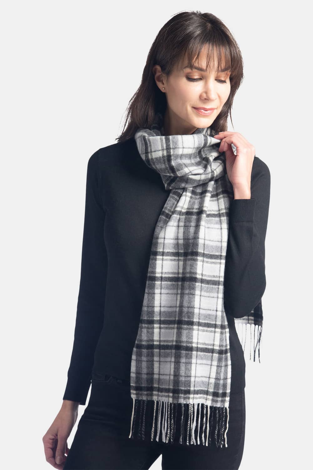 Women's Classic 100% Pure Cashmere Scarf Womens>Accessories>Scarf Fishers Finery Black White Gray Plaid One Size