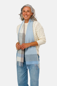 Women's Classic 100% Pure Cashmere Scarf Womens>Accessories>Scarf Fishers Finery Blue Cream Gray Plaid One Size