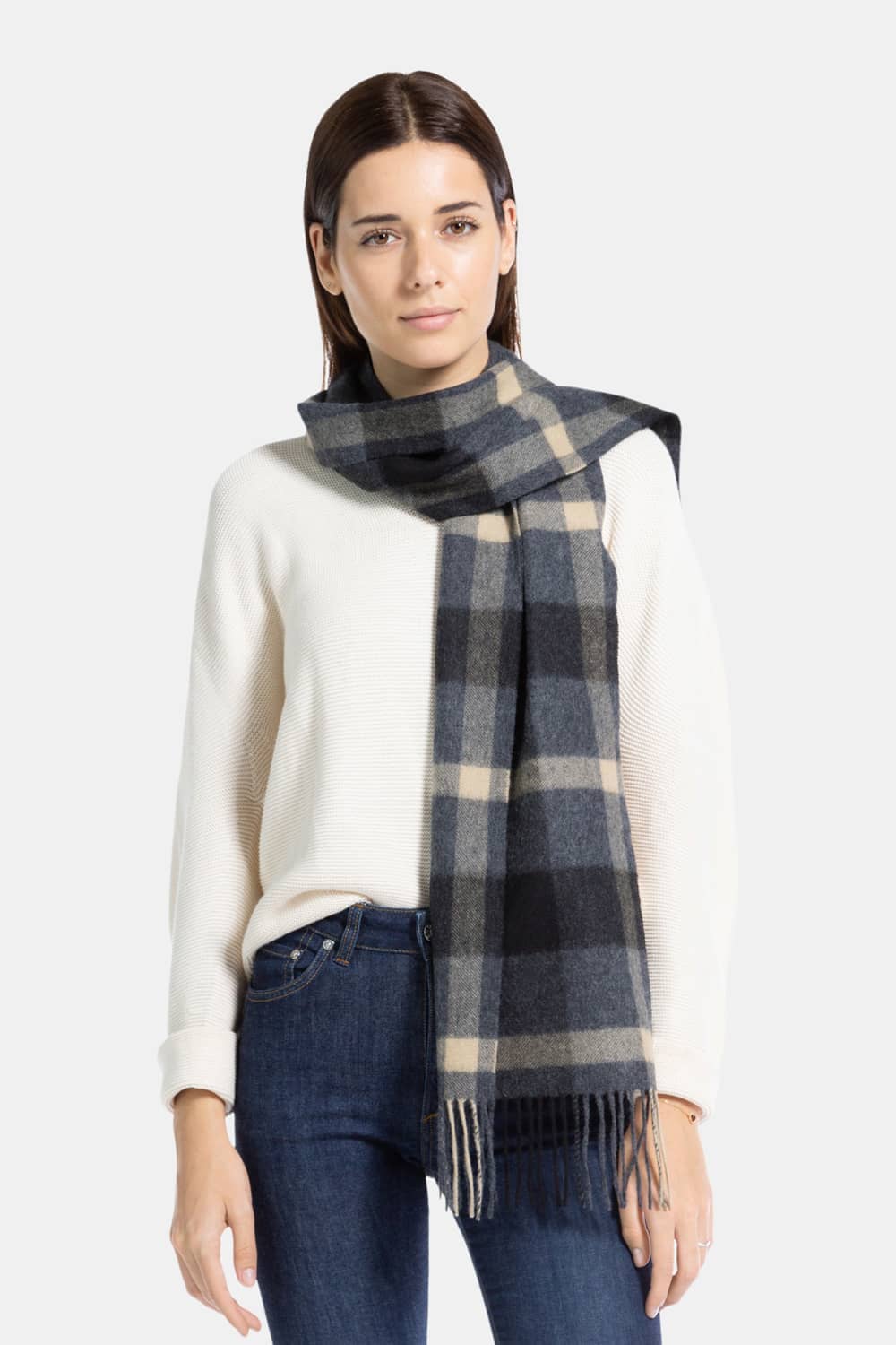 Women's Classic 100% Pure Cashmere Scarf Womens>Accessories>Scarf Fishers Finery Gray Camel Plaid One Size