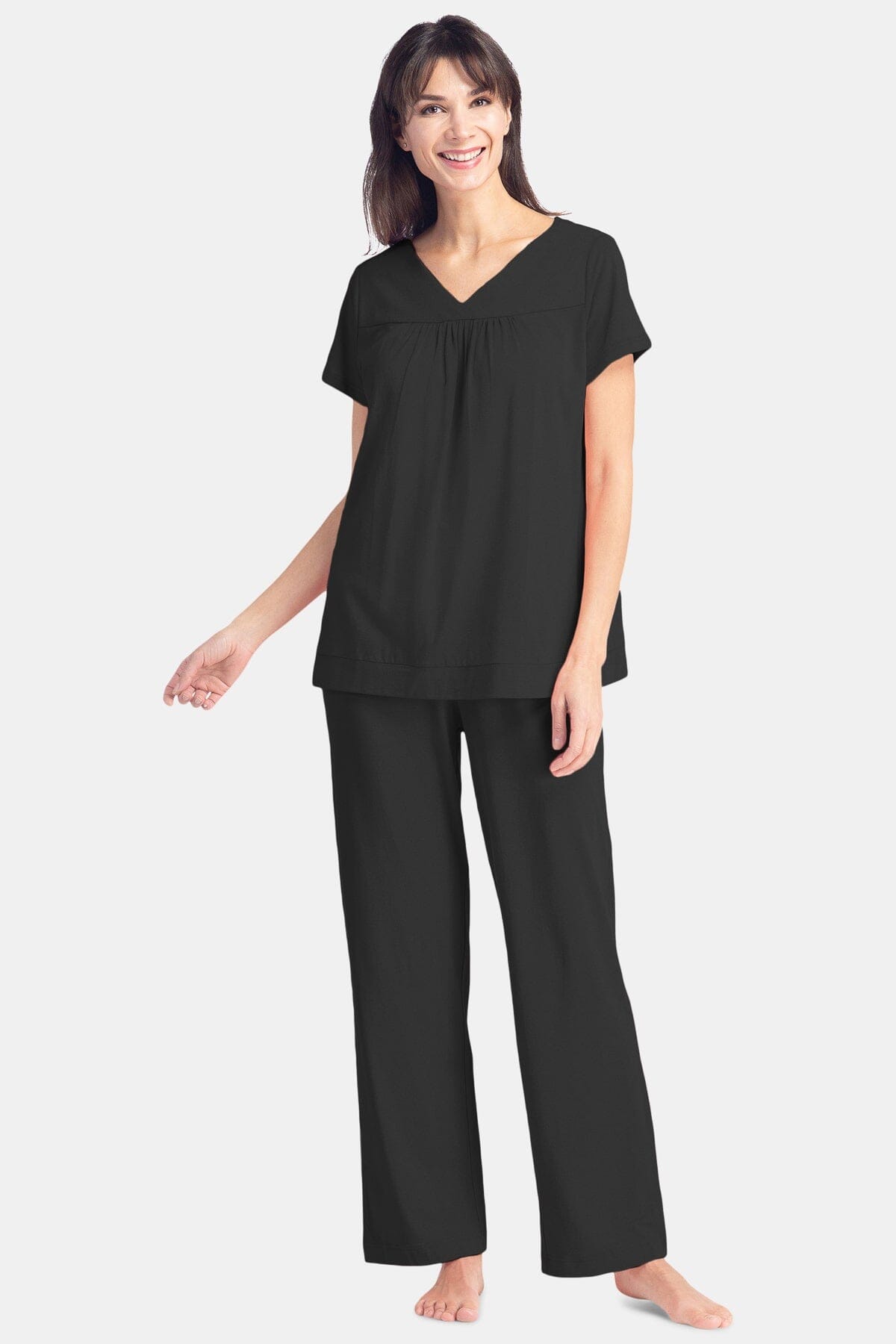 Women's Jersey Pajama Set with Gift Box- Short Sleeve Top and Full Length Pant Womens>Sleep and Lounge>Pajamas Fishers Finery Black XS