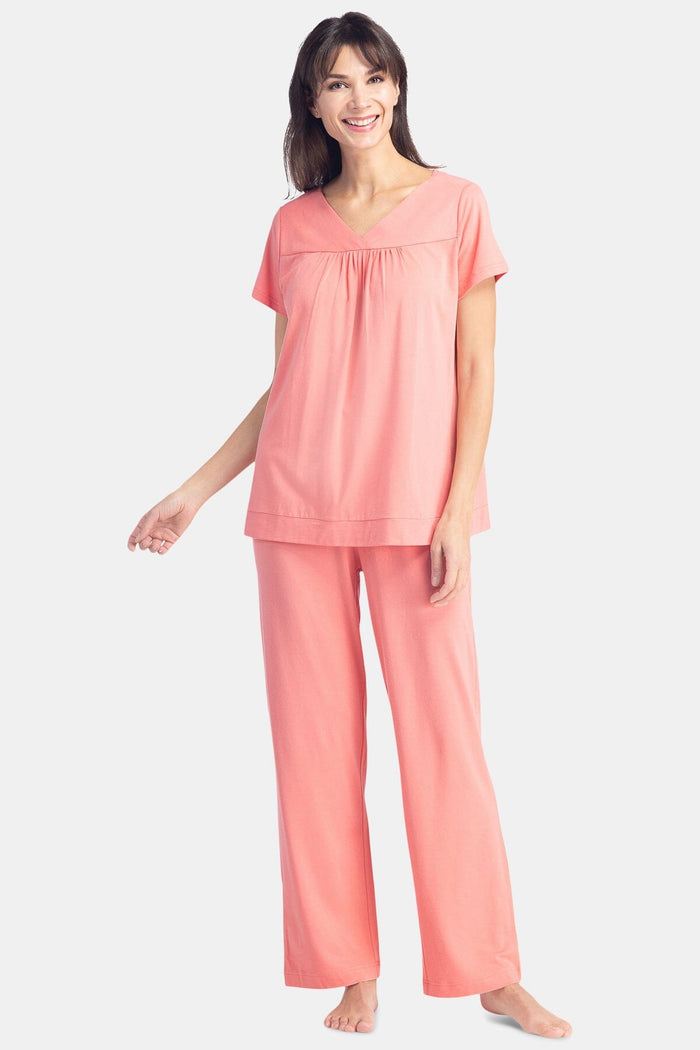 Women's Jersey Pajama Set with Gift Box- Short Sleeve Top and Full Length Pant Womens>Sleep and Lounge>Pajamas Fishers Finery Coral XS