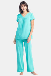 Women's Jersey Pajama Set with Gift Box- Short Sleeve Top and Full Length Pant Womens>Sleep and Lounge>Pajamas Fishers Finery Turquoise XS