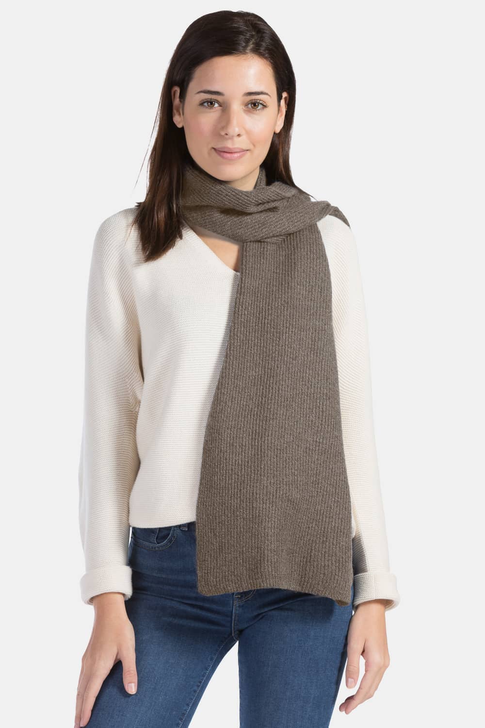 Women's 100% Pure Cashmere Ribbed Knit Scarf with Gift Box Womens>Accessories>Scarf Fishers Finery Cappuccino
