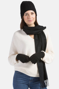 Women's 3pc 100% Pure Cashmere Cable Knit Hat, Glove & Woven Scarf Set with Gift Box Womens>Accessories>Cashmere Set Fishers Finery Black One Size