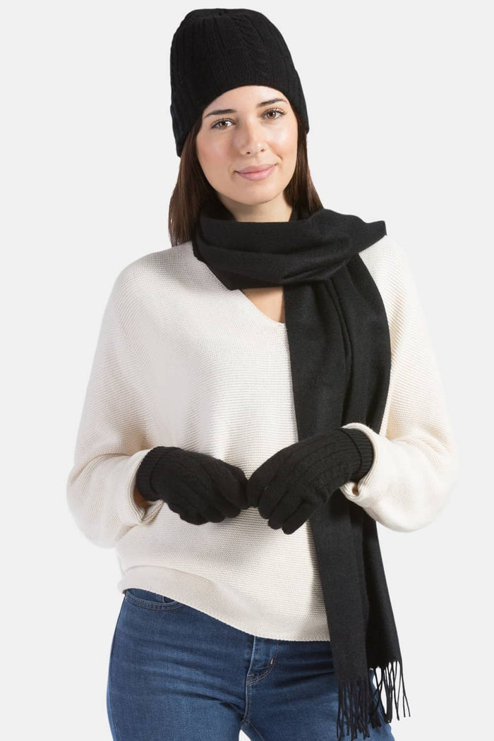 Women's 3pc 100% Pure Cashmere Cable Knit Hat, Glove & Woven Scarf Set with Gift Box Womens>Accessories>Cashmere Set Fishers Finery Black One Size
