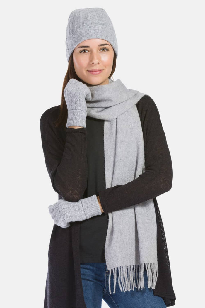 Women's 3pc 100% Pure Cashmere Cable Knit Hat, Glove & Woven Scarf Set with Gift Box Womens>Accessories>Cashmere Set Fishers Finery Gray One Size