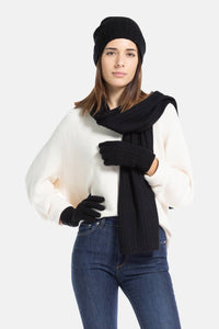 Women's 3pc 100% Pure Cashmere Cable Knit Hat Glove Scarf Set with Gift Box Womens>Accessories>Cashmere Set Fishers Finery Black One Size