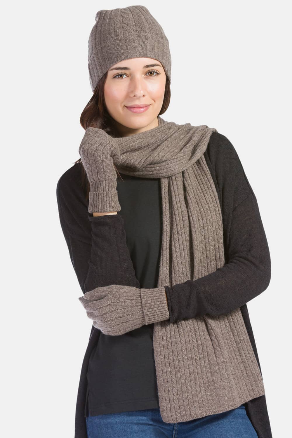 Women's 3pc 100% Pure Cashmere Cable Knit Hat Glove Scarf Set with Gift Box Womens>Accessories>Cashmere Set Fishers Finery Cappuccino One Size