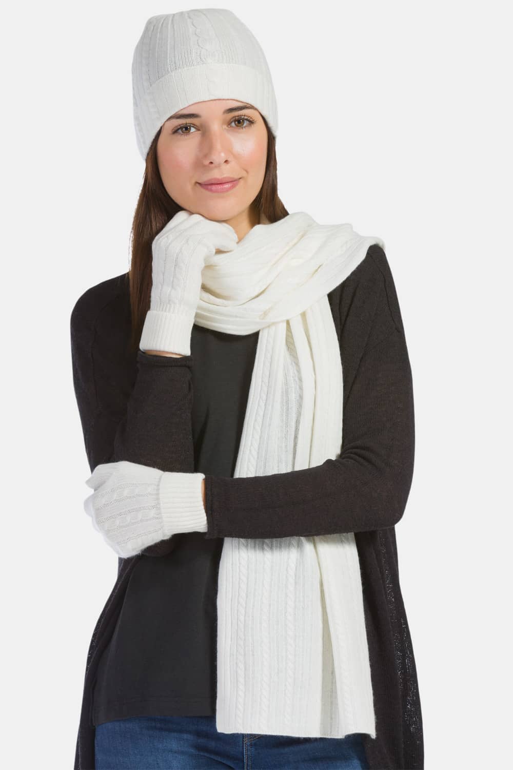 Women's 3pc 100% Pure Cashmere Cable Knit Hat Glove Scarf Set with Gift Box Womens>Accessories>Cashmere Set Fishers Finery Cream One Size