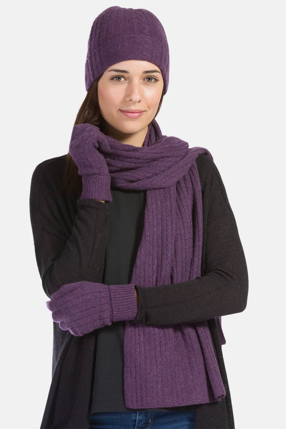 Women's 3pc 100% Pure Cashmere Cable Knit Hat Glove Scarf Set with Gift Box Womens>Accessories>Cashmere Set Fishers Finery Eggplant One Size