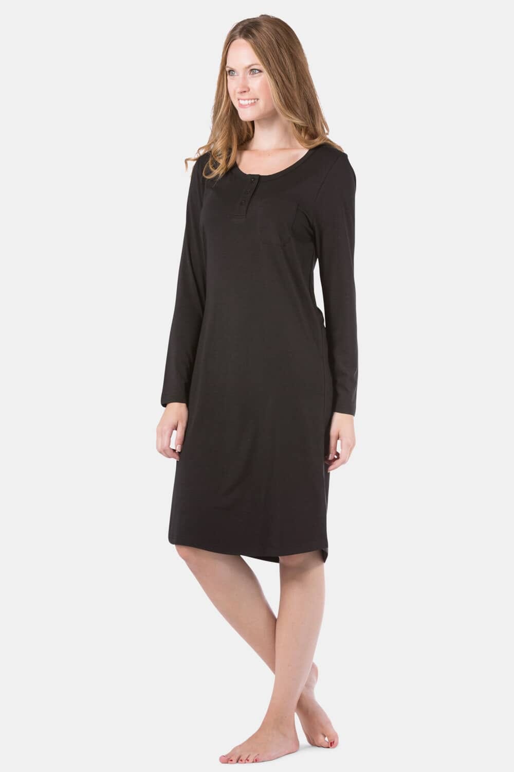 Women's EcoFabric™ Below Knee Henley Nightshirt Womens>Sleep and Lounge>Nightgown Fishers Finery Black X-Small