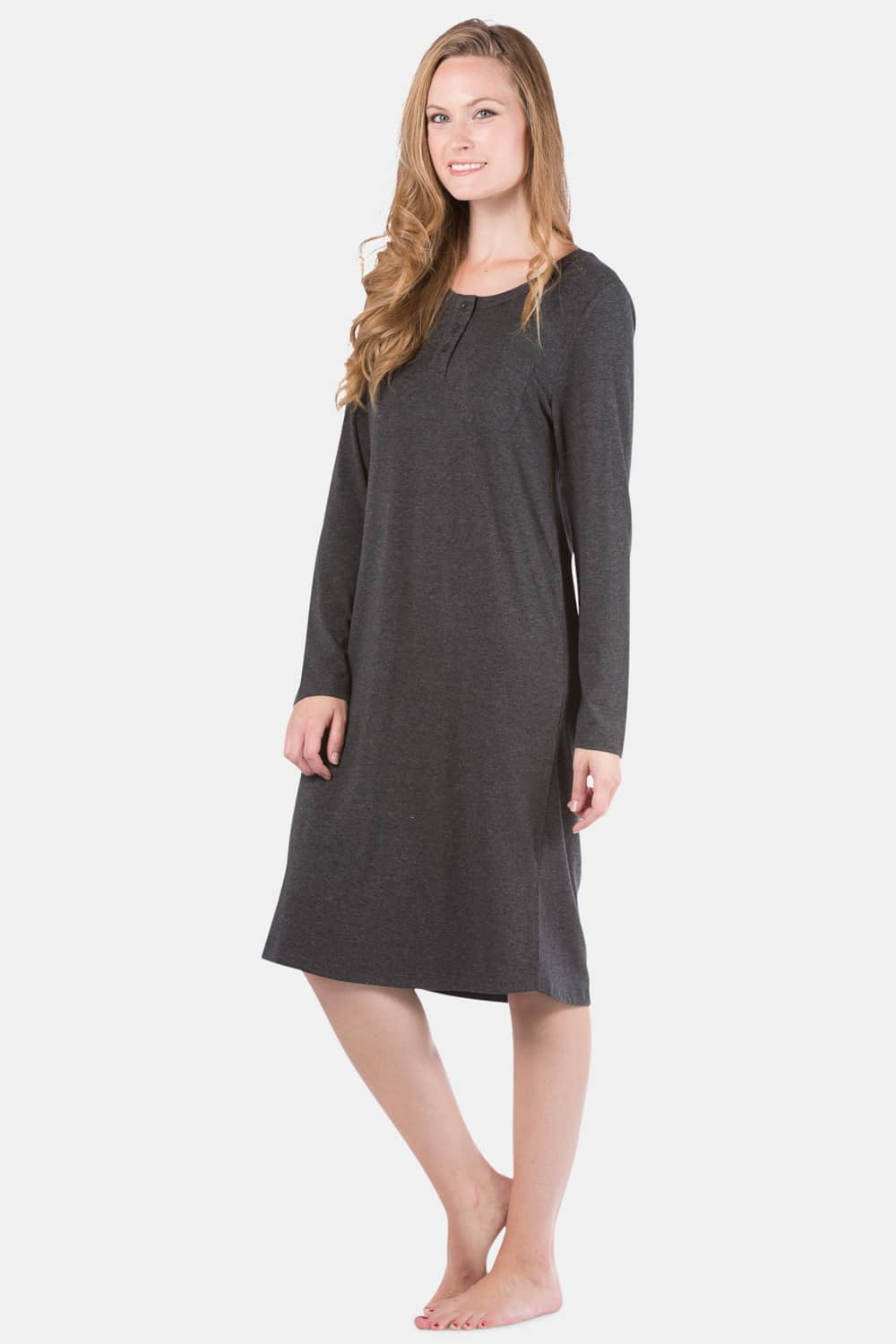 Women's EcoFabric™ Below Knee Henley Nightshirt Womens>Sleep and Lounge>Nightgown Fishers Finery Heather Gray X-Small
