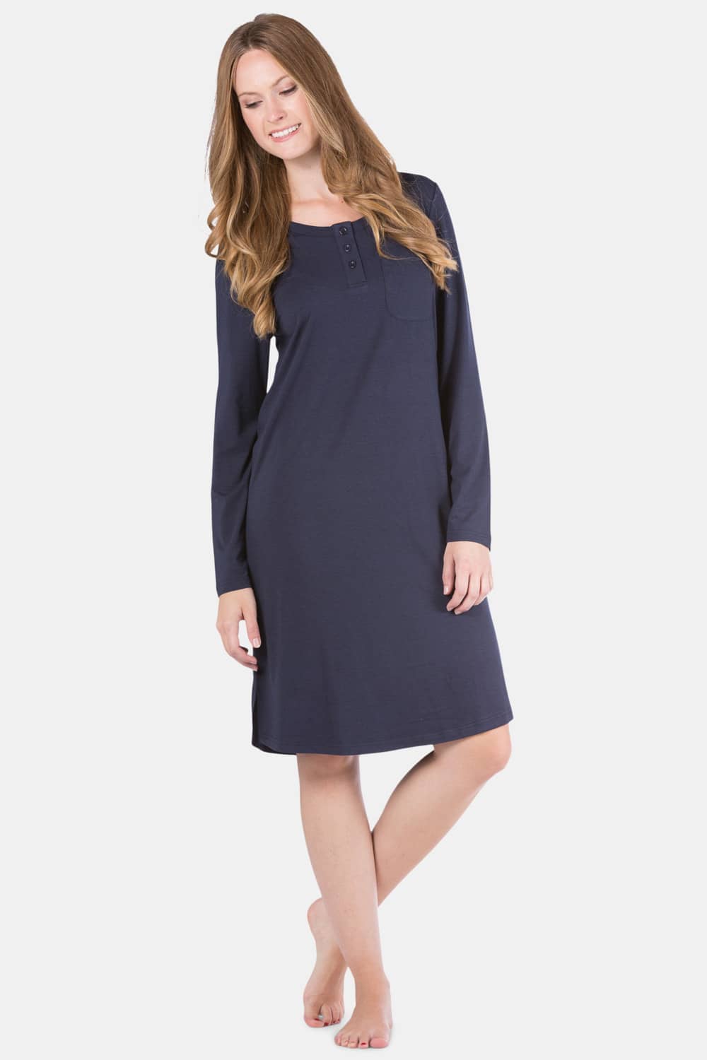 Women's EcoFabric™ Below Knee Henley Nightshirt Womens>Sleep and Lounge>Nightgown Fishers Finery Navy X-Small