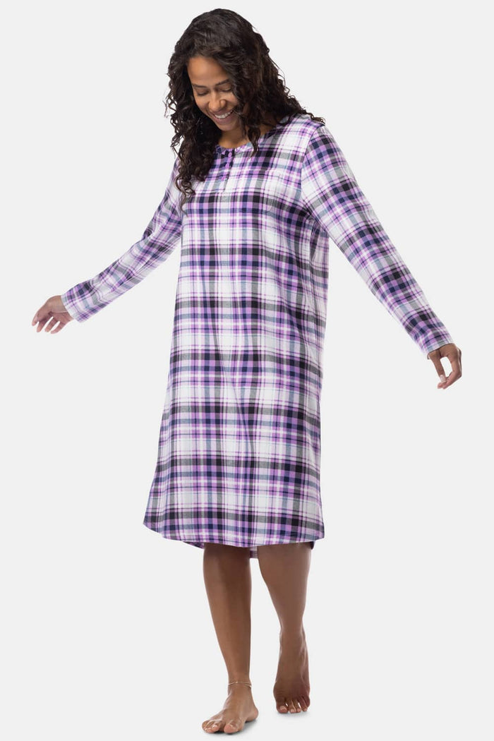 Women's EcoFlannel™ Below Knee Henley Nightshirt Womens>Sleep and Lounge>Nightgown Fishers Finery Lavender Plaid X-Small