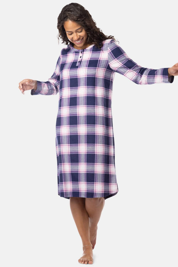 Women's EcoFlannel™ Below Knee Henley Nightshirt Womens>Sleep and Lounge>Nightgown Fishers Finery Navy Pink Plaid X-Small