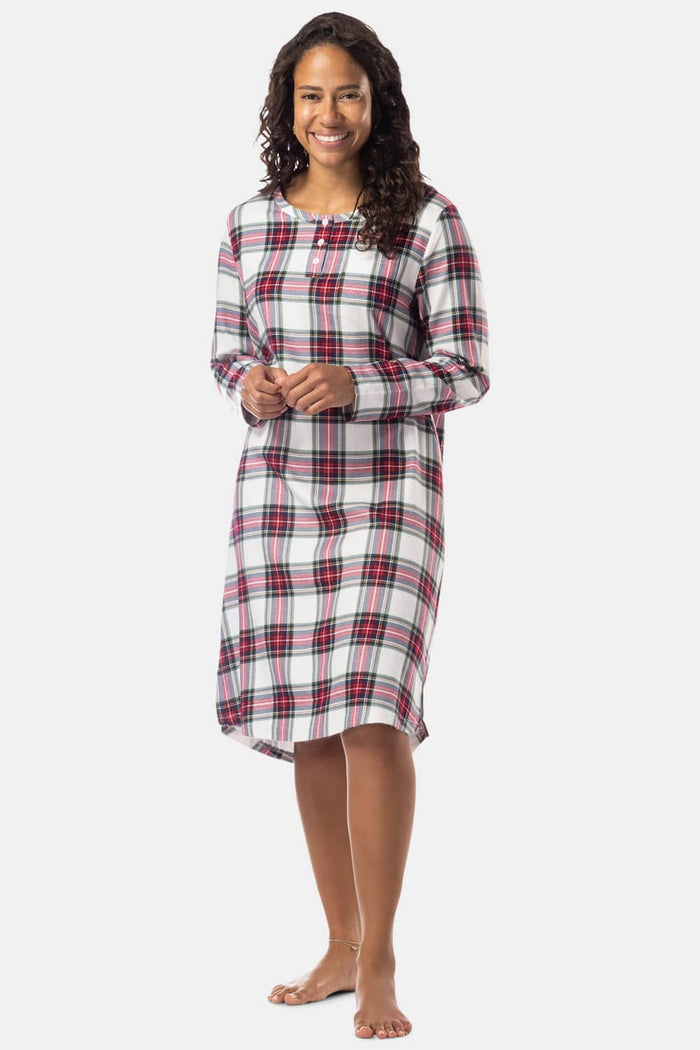 Women's EcoFlannel™ Below Knee Henley Nightshirt Womens>Sleep and Lounge>Nightgown Fishers Finery Red White Plaid X-Small