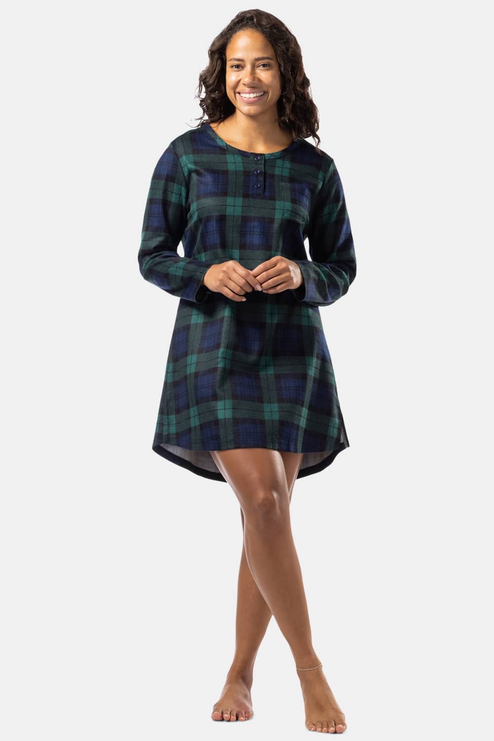 Women's EcoFlannel™ Above Knee Henley Nightshirt Womens>Sleep and Lounge>Nightgown Fishers Finery Green Navy Plaid X-Small