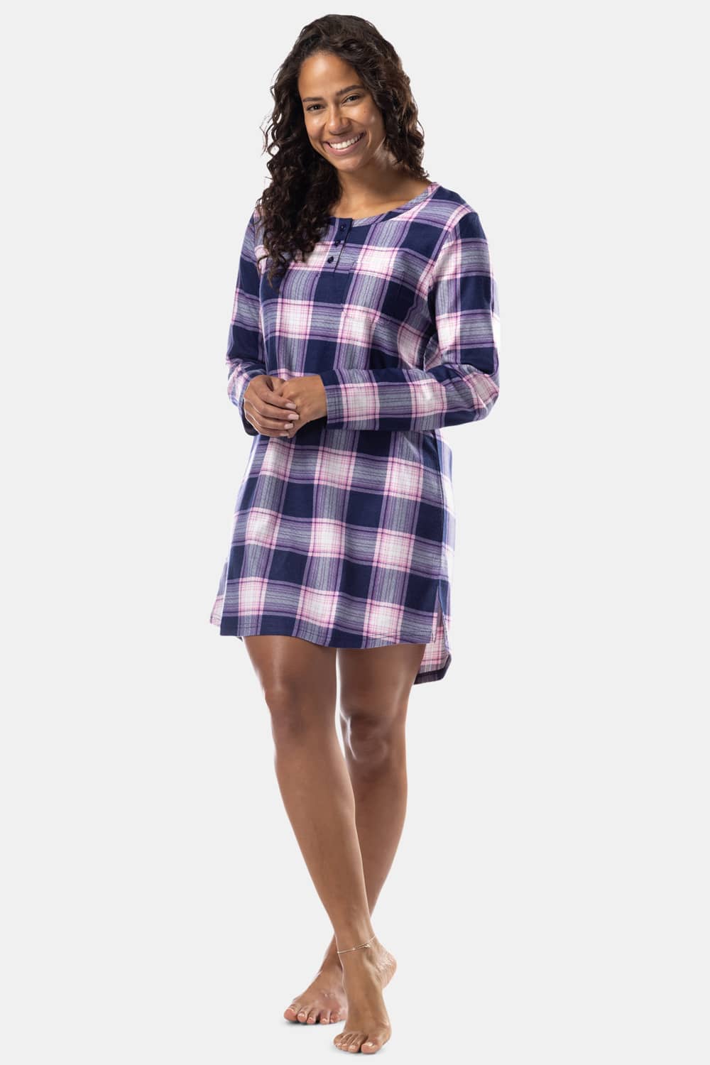 Women's EcoFlannel™ Above Knee Henley Nightshirt Womens>Sleep and Lounge>Nightgown Fishers Finery Navy Pink Plaid X-Small