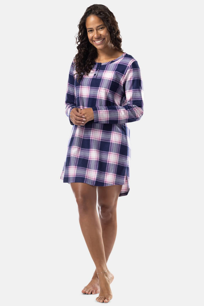 Women's EcoFlannel™ Above Knee Henley Nightshirt Womens>Sleep and Lounge>Nightgown Fishers Finery Navy Pink Plaid X-Small