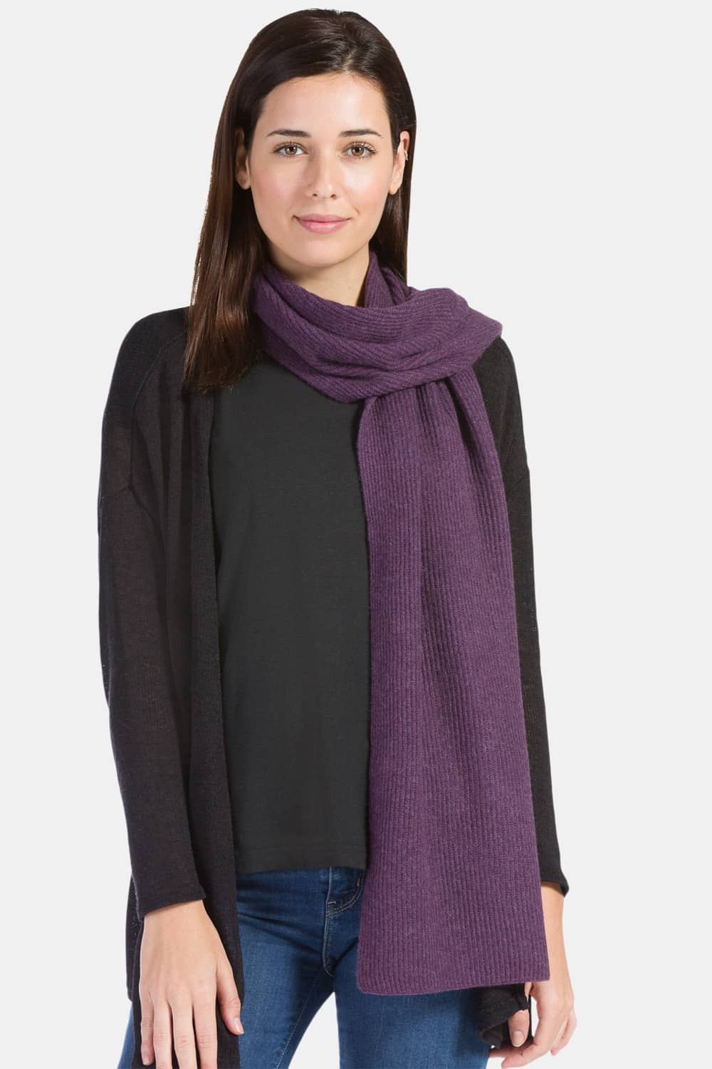 Women's 100% Pure Cashmere Ribbed Knit Scarf with Gift Box Womens>Accessories>Scarf Fishers Finery Eggplant