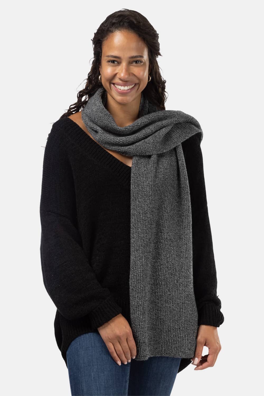 Women's 100% Pure Cashmere Ribbed Knit Scarf with Gift Box Womens>Accessories>Scarf Fishers Finery Heather Gray