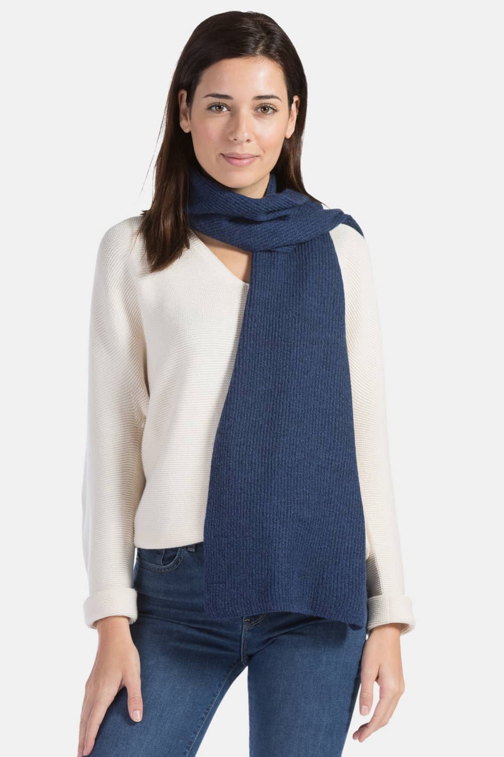 Women's 100% Pure Cashmere Ribbed Knit Scarf with Gift Box Womens>Accessories>Scarf Fishers Finery Heather Navy