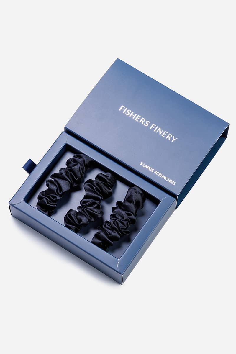 100% Pure Mulberry Silk Hair Scrunchies with Gift Box - Set of 3 Large Hair Ties Womens>Beauty>Hair Care Fishers Finery Black