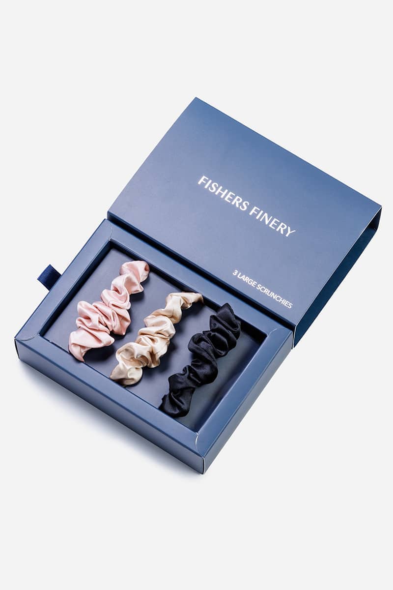 100% Pure Mulberry Silk Hair Scrunchies with Gift Box - Set of 3 Large Hair Ties Womens>Beauty>Hair Care Fishers Finery Pink|Taupe|Black