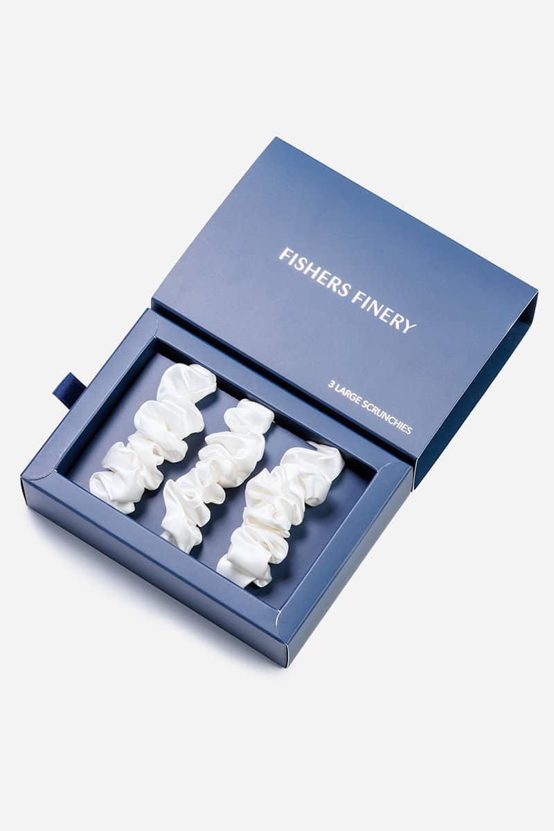 100% Pure Mulberry Silk Hair Scrunchies with Gift Box - Set of 3 Large Hair Ties Womens>Beauty>Hair Care Fishers Finery Natural (Undyed) White