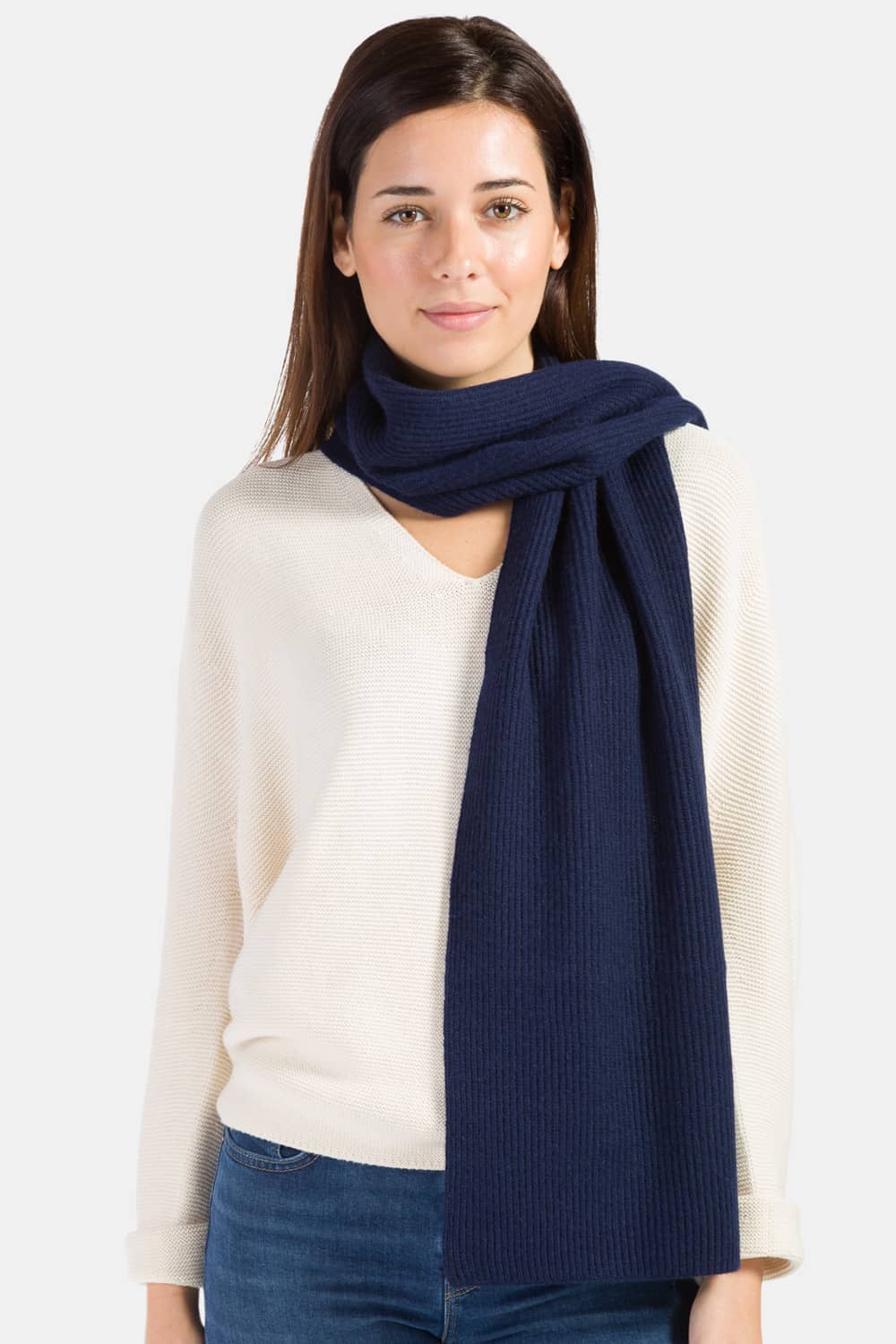 Women's 100% Pure Cashmere Ribbed Knit Scarf with Gift Box Womens>Accessories>Scarf Fishers Finery Navy