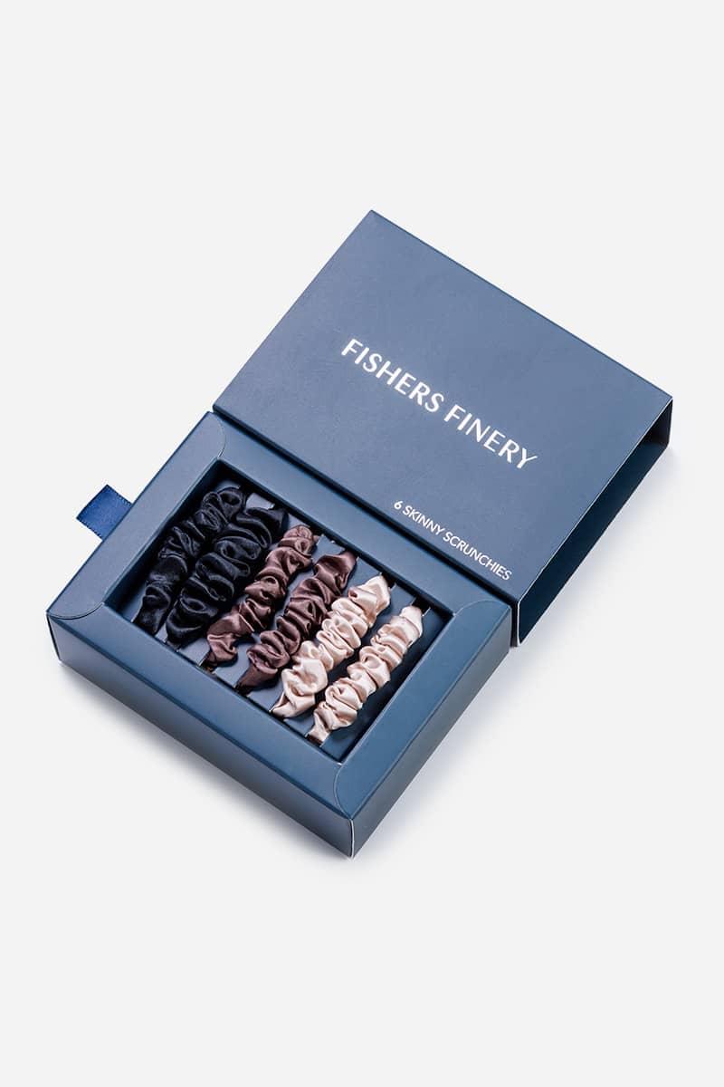 100% Pure Mulberry Silk Hair Scrunchies with Gift Box - Set of 6 Skinny Hair Ties Womens>Beauty>Hair Care Fishers Finery Taupe|Chocolate|Black