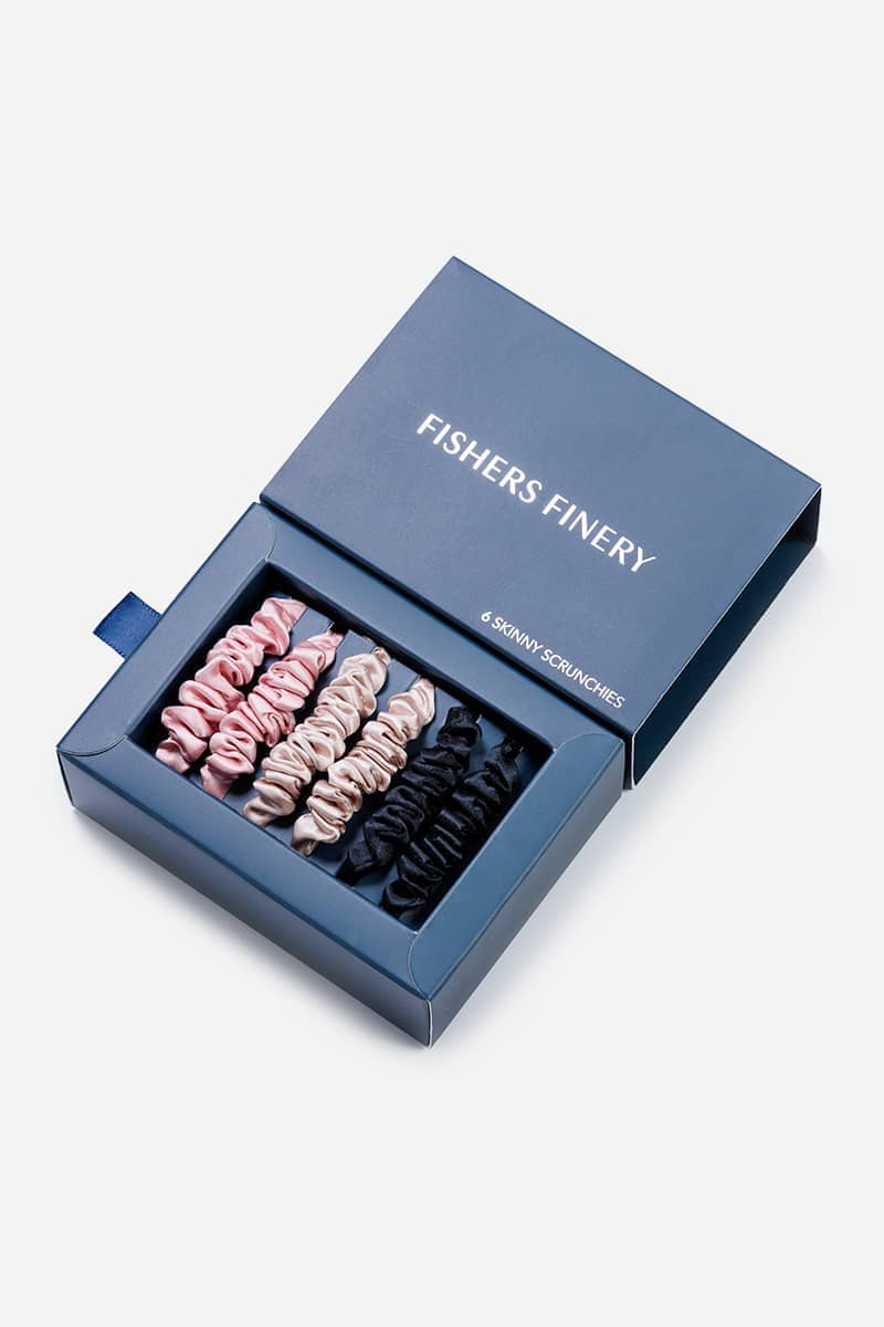 100% Pure Mulberry Silk Hair Scrunchies with Gift Box - Set of 6 Skinny Hair Ties Womens>Beauty>Hair Care Fishers Finery Pink|Taupe|Black