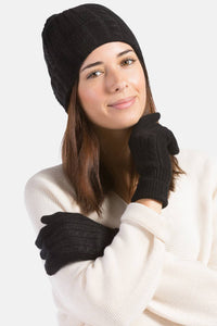 Women's 2pc 100% Pure Cashmere Cable Knit Hat & Glove Set with Gift Box Womens>Accessories>Cashmere Set Fishers Finery Black One Size Fits Most