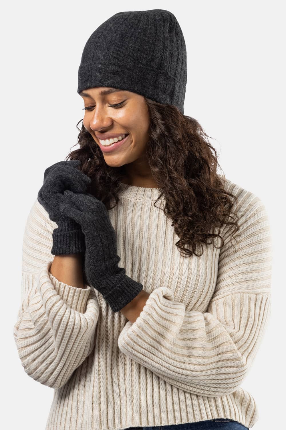 Women's 2pc 100% Pure Cashmere Cable Knit Hat & Glove Set with Gift Box Womens>Accessories>Cashmere Set Fishers Finery Charcoal One Size Fits Most