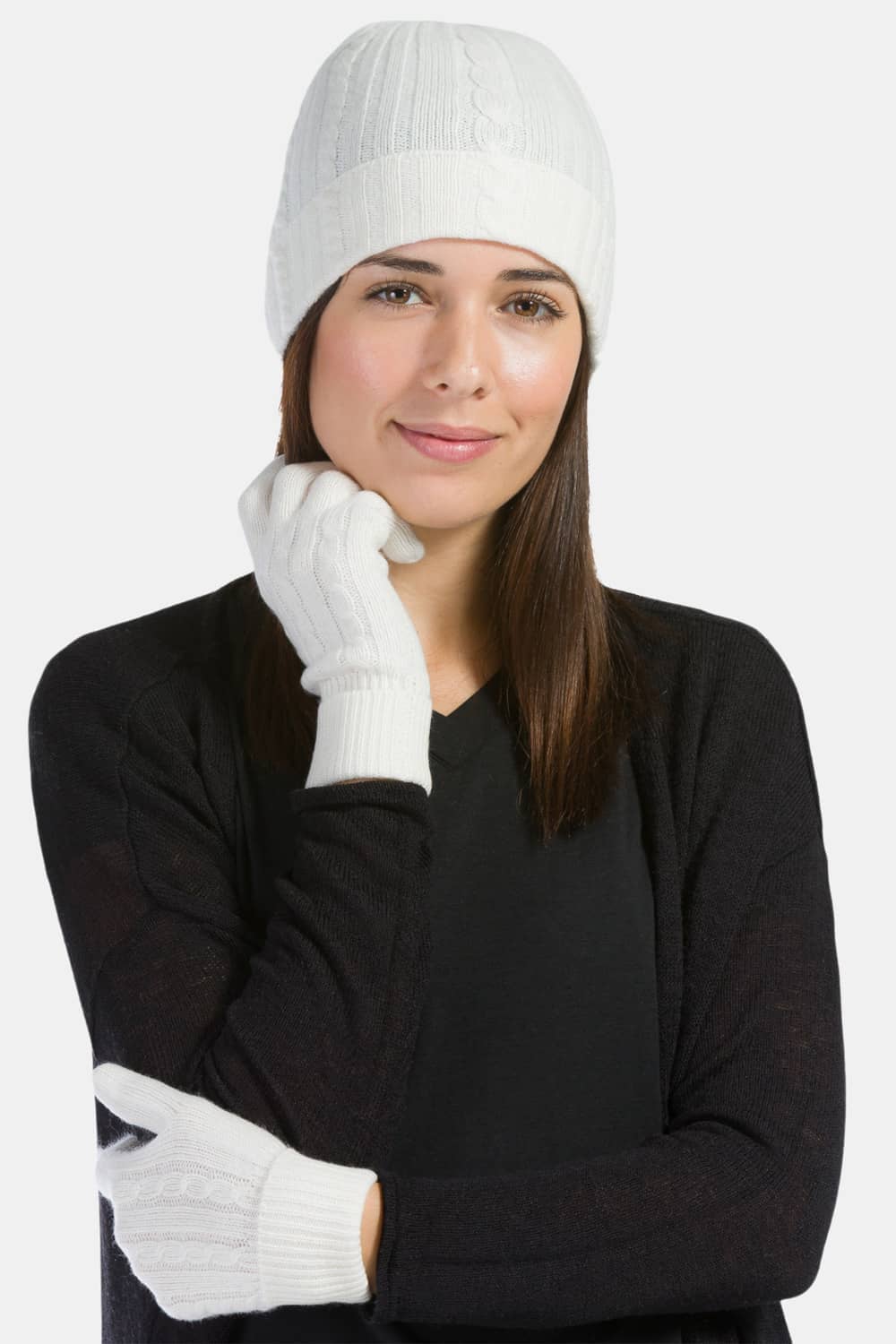 Women's 2pc 100% Pure Cashmere Cable Knit Hat & Glove Set with Gift Box Womens>Accessories>Cashmere Set Fishers Finery Cream One Size Fits Most