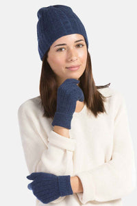Women's 2pc 100% Pure Cashmere Cable Knit Hat & Glove Set with Gift Box Womens>Accessories>Cashmere Set Fishers Finery Heather Navy One Size Fits Most