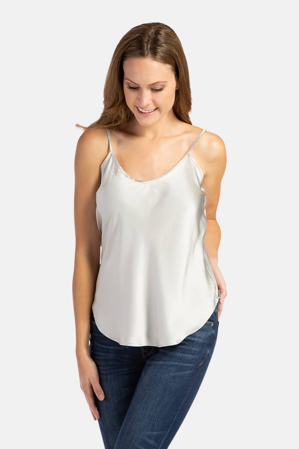 Women's 100% Pure Mulberry Silk Camisole Tank Top with Adjustable Spaghetti Straps - IMPROVED FIT Womens>Casual>Top Fishers Finery Light Silver Pearl XS