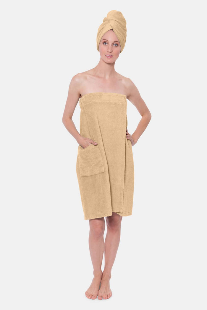 Texere Women's 2pc Terry Cloth Body and Hair Wrap Womens>Spa>Set Fishers Finery Almond Buff S/M