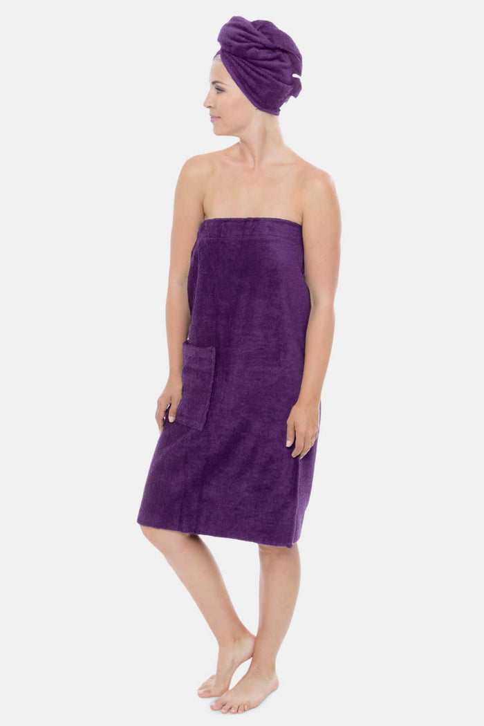 Texere Women's 2pc Terry Cloth Body and Hair Wrap Womens>Spa>Set Fishers Finery Purple S/M