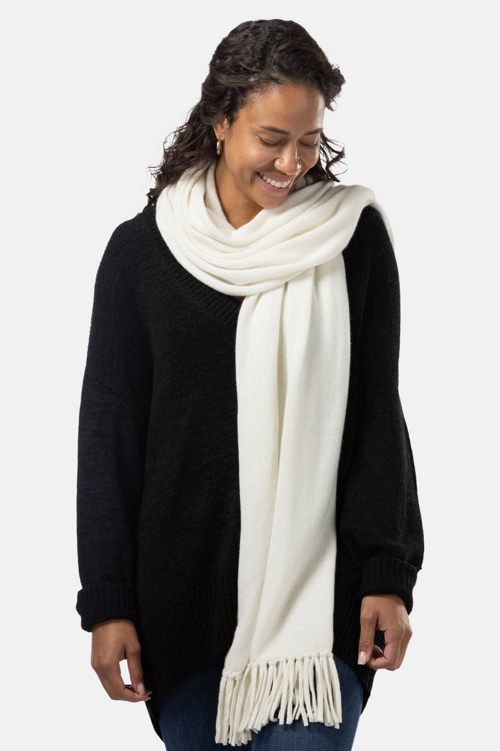 Women's 100% Pure Cashmere Knit Shawl Wrap with Fringe and Gift Box Womens>Accessories>Scarf Fishers Finery Cream