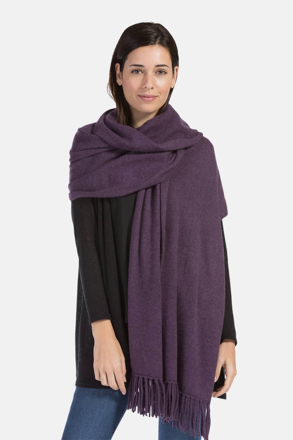 Women's 100% Pure Cashmere Knit Shawl Wrap with Fringe and Gift Box Womens>Accessories>Scarf Fishers Finery Eggplant