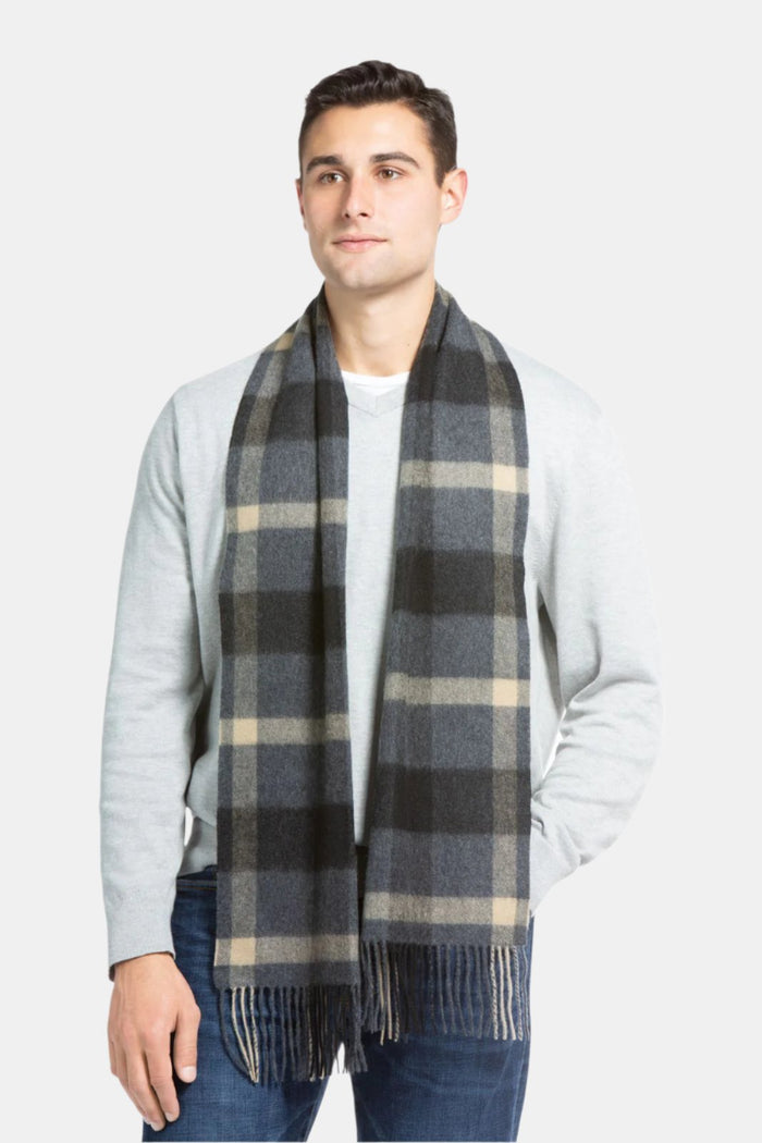 Men's Classic 100% Pure Cashmere Scarf Mens>Accessories>Scarf Fishers Finery Gray Camel Plaid One Size