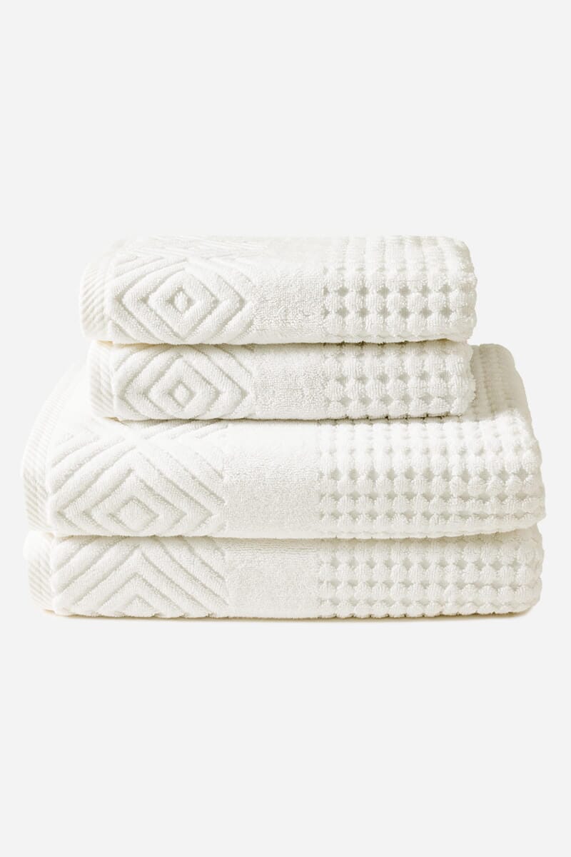Texere 100% Organic Cotton Diamond Jacquard Towel Set Fishers Finery Cream 4 Pack (2 Bath & 2 Hand )