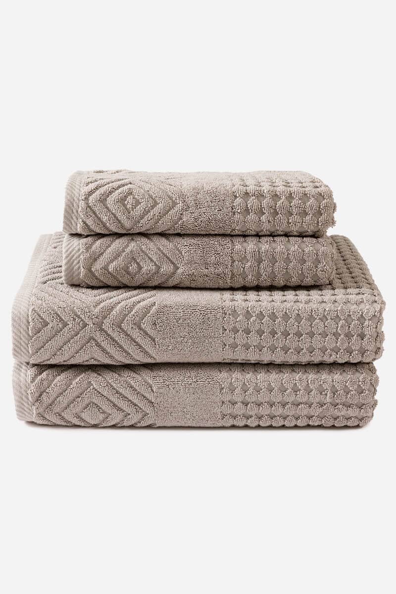 Texere 100% Organic Cotton Diamond Jacquard Towel Set Fishers Finery Oxford Tan 4 Pack (2 Bath & 2 Hand )