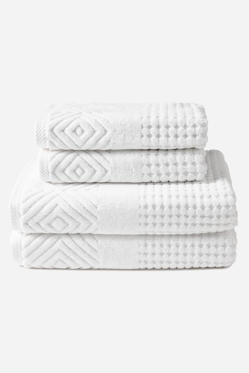 Texere 100% Organic Cotton Diamond Jacquard Towel Set Fishers Finery Bright White 4 Pack (2 Bath & 2 Hand )